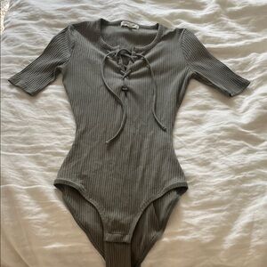 Madewell Ribbed Lace-Up Short Sleeve One-Piece Bodysuit — Olive